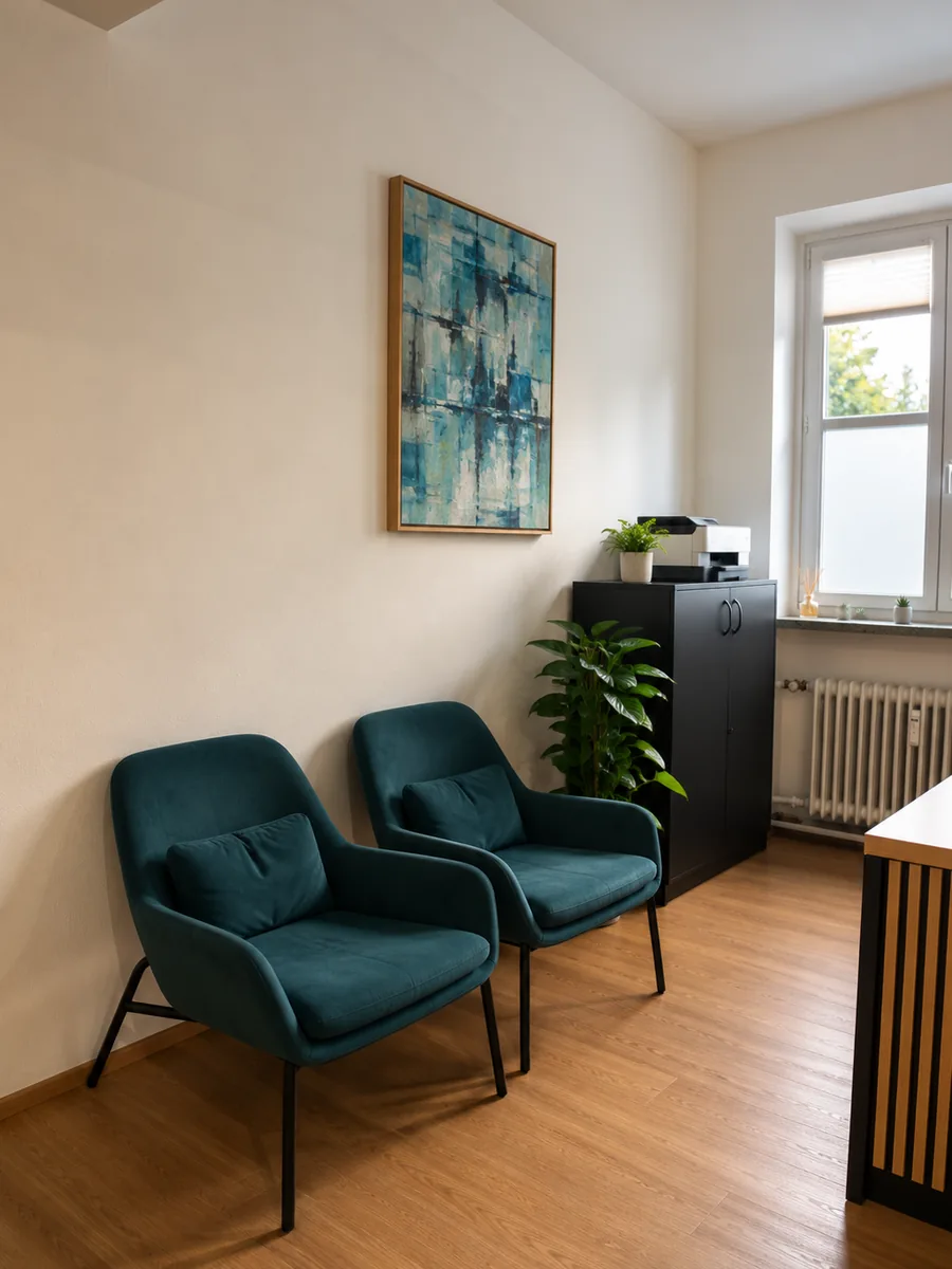 Wartebereich mit zwei grünen Sesseln und einem Bild an der Wand